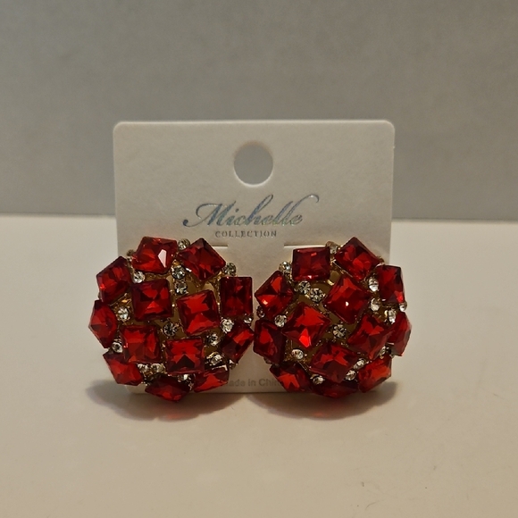 Michelle Collection Red Rhinestone Statement Earrings - Picture 3 of 4